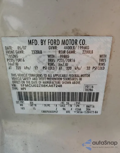 2008 Ford Escape Xls из США, поврежденный, VIN 1FMCU02Z58KA67248